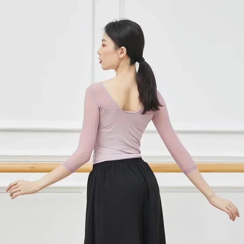 Adult Sexy Back Deep V Belly Ballet Dance Transparent Mesh Top Costume for Women Dancing Clothes Dancer Wear Clothing