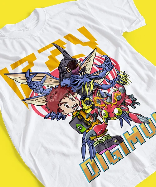 Technically Cool Unisex Digimon Izzy and Tentomon Transforming into Kabuterimon Shirt