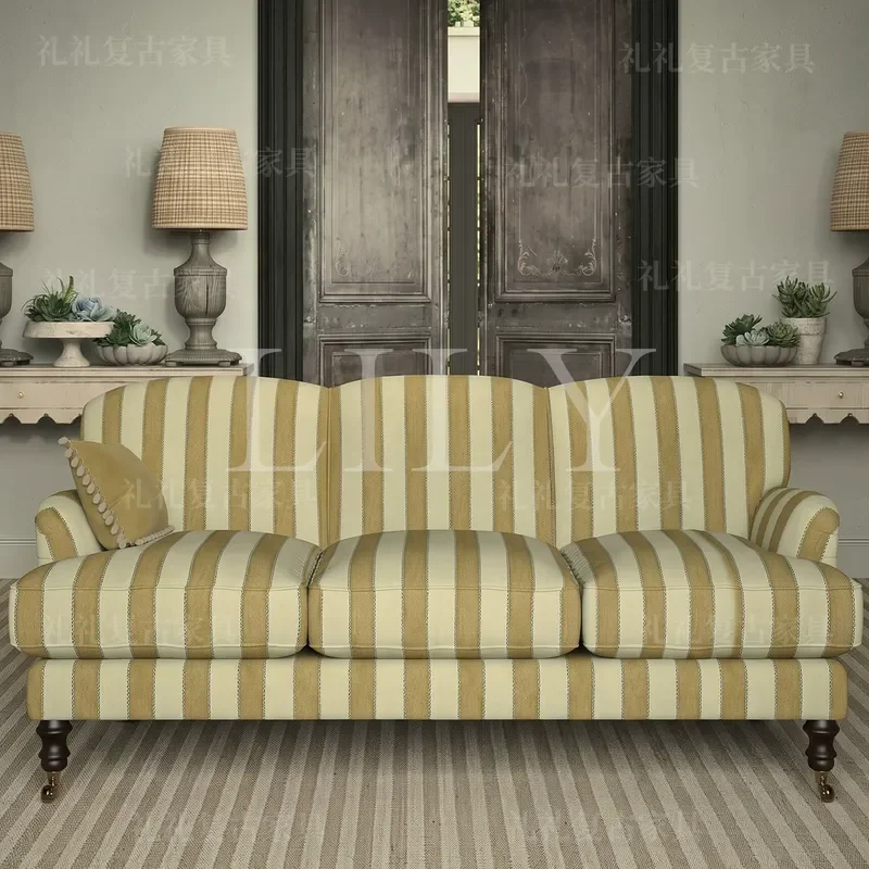 Retro Striped Solid Wood Sofa Fabric Multi Person Couch for Small Apartment Living Room Bedroom Large Seating Furniture