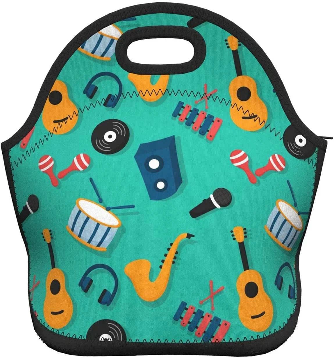 Green Cartoon Music Instrumetn Saxphone Neoprene Lunch Bag Boxs,Durable Thermal Tote Bag Organizer Cooler Bento Bags