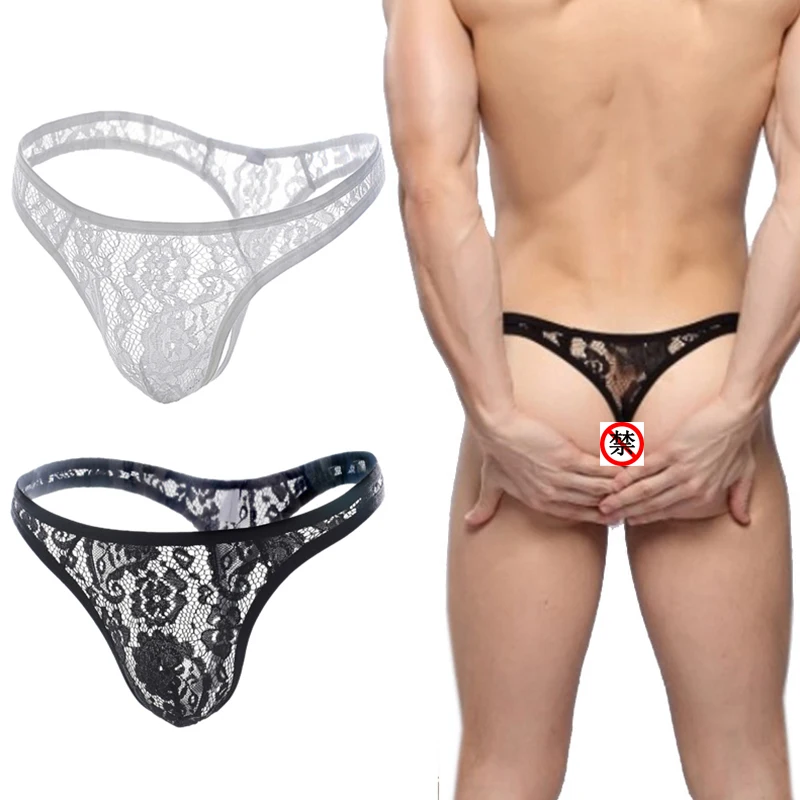 Mens Sexy See-Through Thong Big Pouch Panties Briefs Bulge Sexy Underwear Low Waist Briefs Gay Lace Underpants Erotic Lingerie