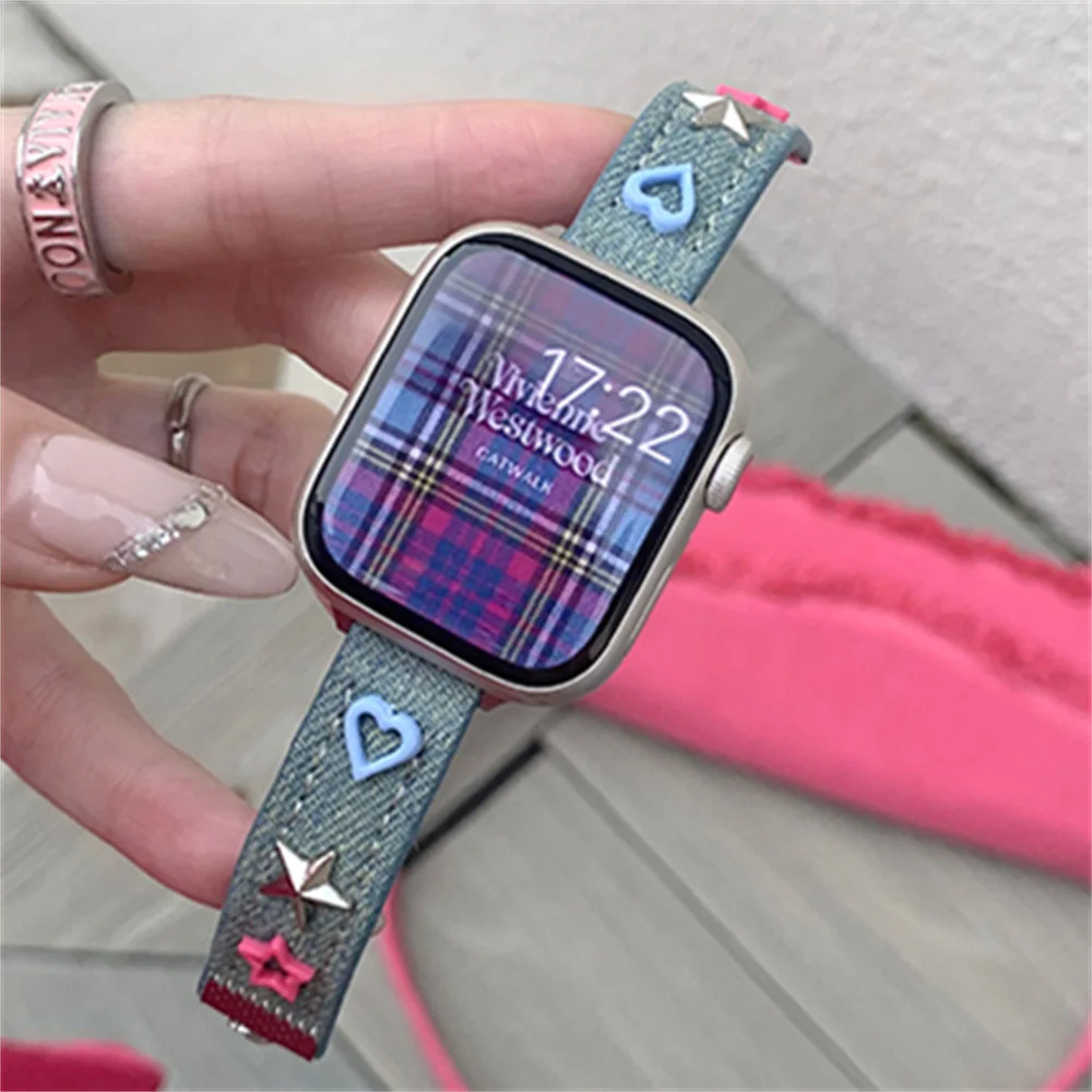 Cute Colorful Star Heart Denim Band For Apple Watch 9 8 7 6 5 4 3 2 SE Ultra Adjustable Chain For iWatch 41mm 49 45 44 42 40 38