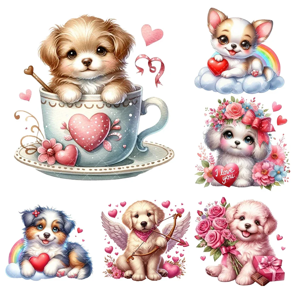 20cm/25cm Valentine's Dog Iron On Heat Transfer Stickers For Clothes DTF Pinted Vinyl Thermal Appliques Washable T-Shirt Decal