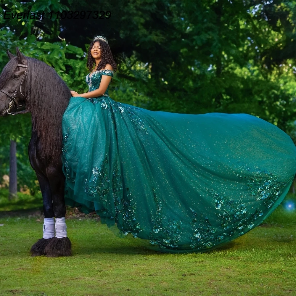 

EVLAST индивидуальное изумрудно-зеленое платье Quinceanera, бальное платье с аппликацией из бисера, Мексиканский корсет Sweet 16, Vestido De 15 Anos QD1178