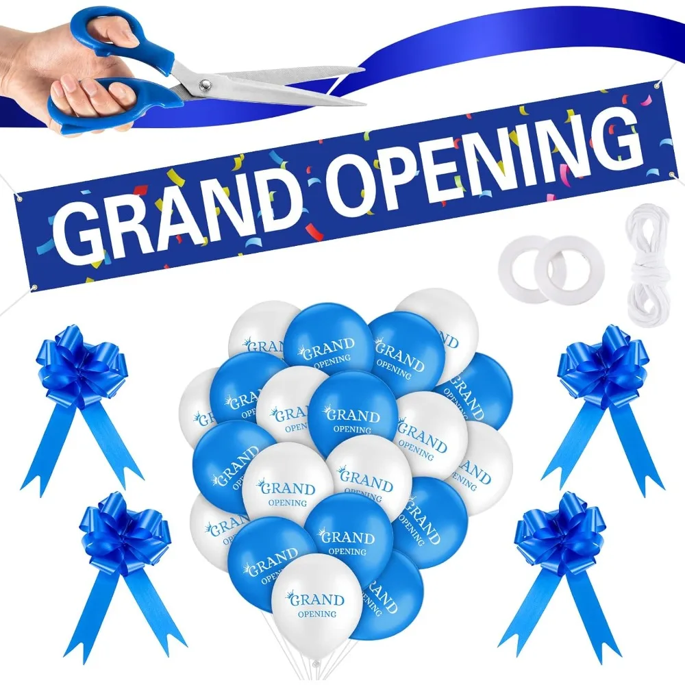 

US Shipping Grand Opening Ribbon Cutting Ceremony Kit with Banner Balloons Scissors Satin Ribbon Bows for Business Store