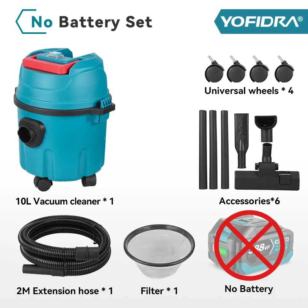 2000W Elektrische Nat & Droog Stofzuiger 10L Tank Met Wielen Huishoudelijke Industriële Schoon Gereedschap Voor Makita Batterij pin