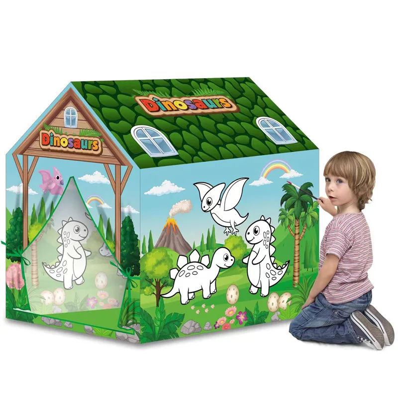 Tente pliante de peinture de dessin animé pour enfants, tente de jouet portable pour enfants, maison de jeu de princesse de dinosaure d'océan bricolage, tente intérieure et extérieure pour garçons et filles