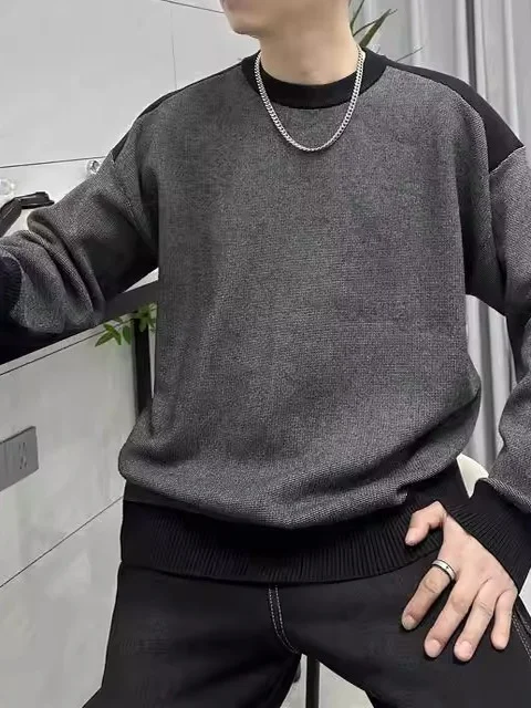

Spring Autumn New Splice Color Blo round Ne Knitted Sweater Men's Faion Versatile Simple High End Feeling Long Sve Top