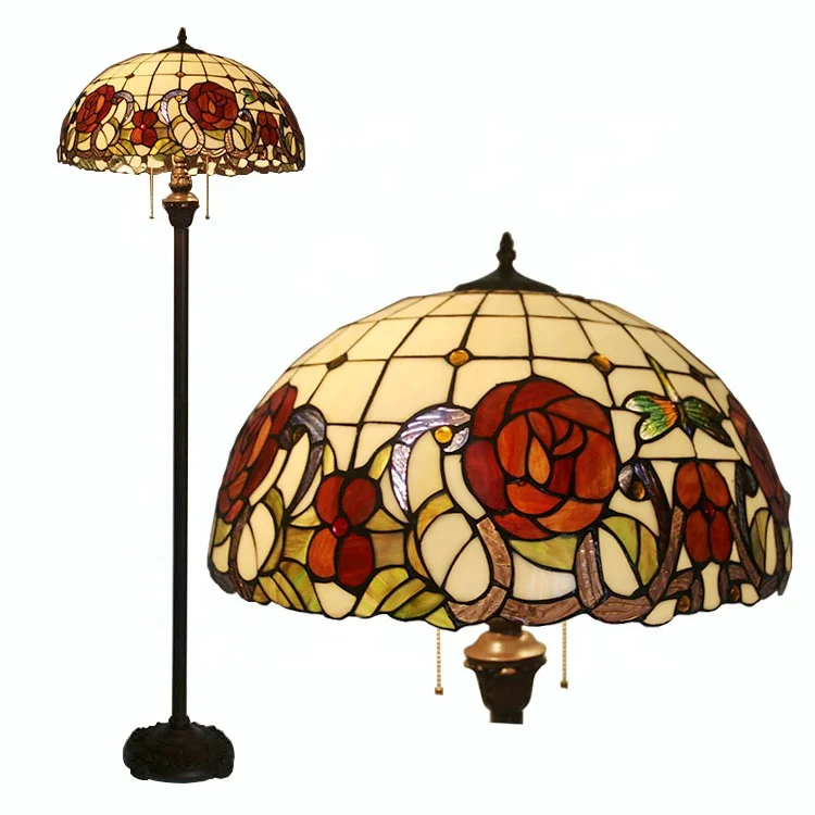 Lampada da terra Tiffany da 16 pollici LongHuiJing con paralume in vetro colorato con motivo a rosa