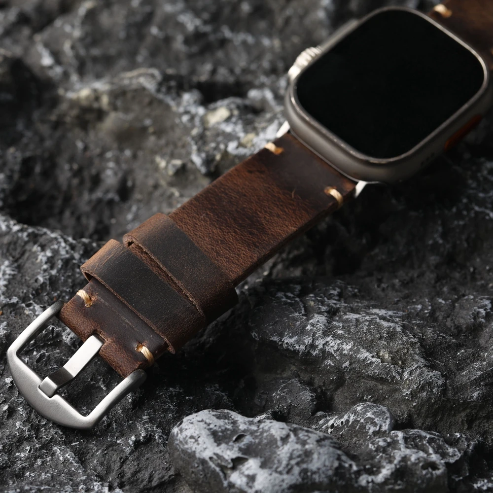 Handmade Top Layer Cowhide Strap Retro Style For iWatch Apple Watch Ultra 2 49MM 45MM 44MM 42MM Men Thickened Watch Chain Brown