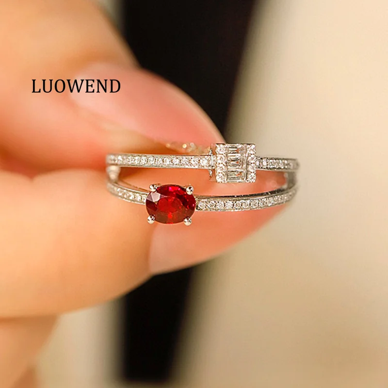 LUOWEND 100% 18K White Gold Rings Natural Diamond Natural Ruby Engagement Ring for Women Elegant Gentle Style High Party Jewelry