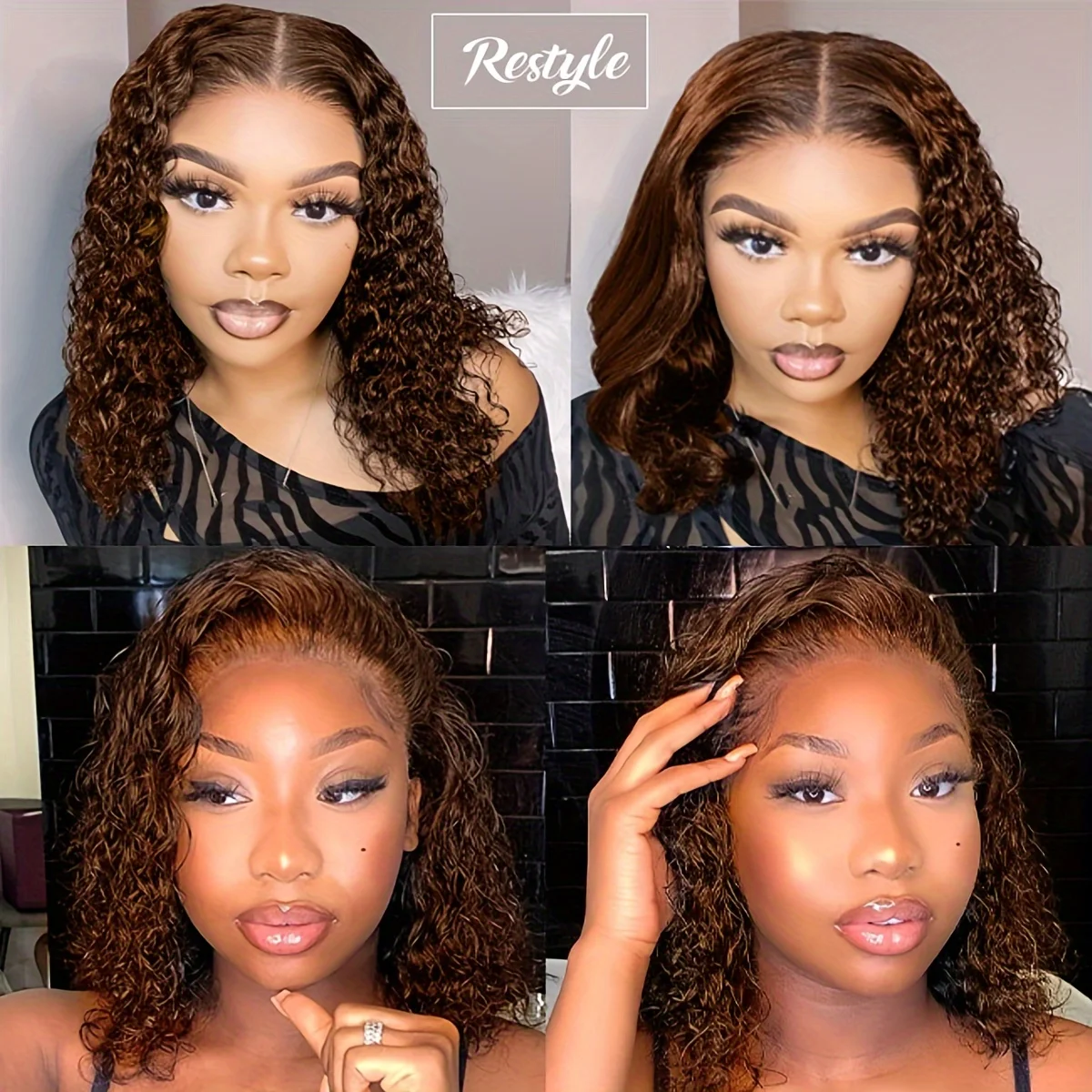 13X4 Chocolate Brown Curly Lace Front Wigs Human Hair Short Curly Deep Wave Bob Wigs Pre Plucked Water Wave #4 Colored Bob Wigs