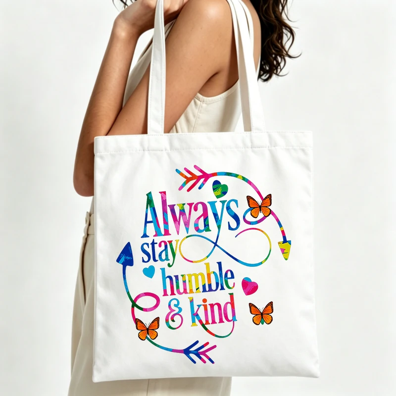 slogan-style canvas tote bag with butterfly and arrow print, perfect for daily shopping and casual outings