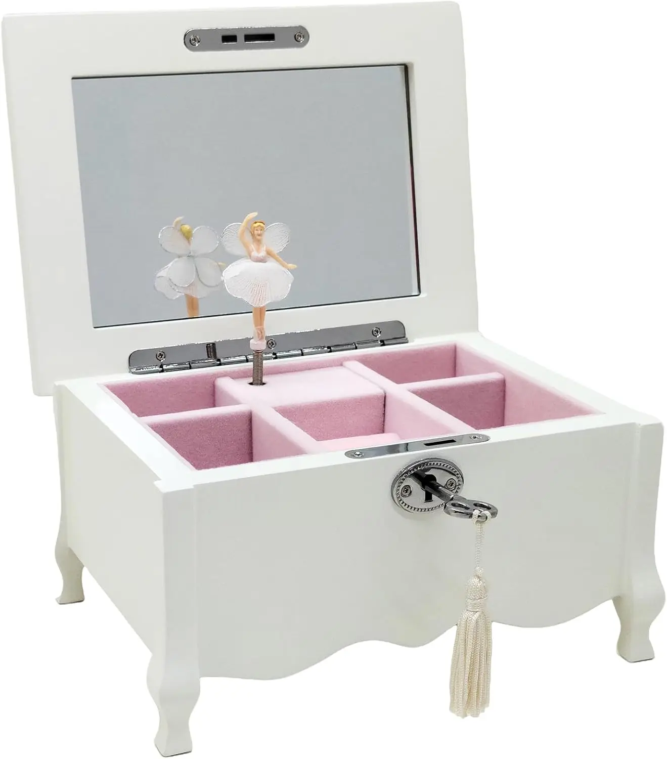 Girls' Musical Ballerina Jewelry Box, White Wooden Storage Chest with Mirror and Lock, Footed Design, Plays Swan Lake Melody