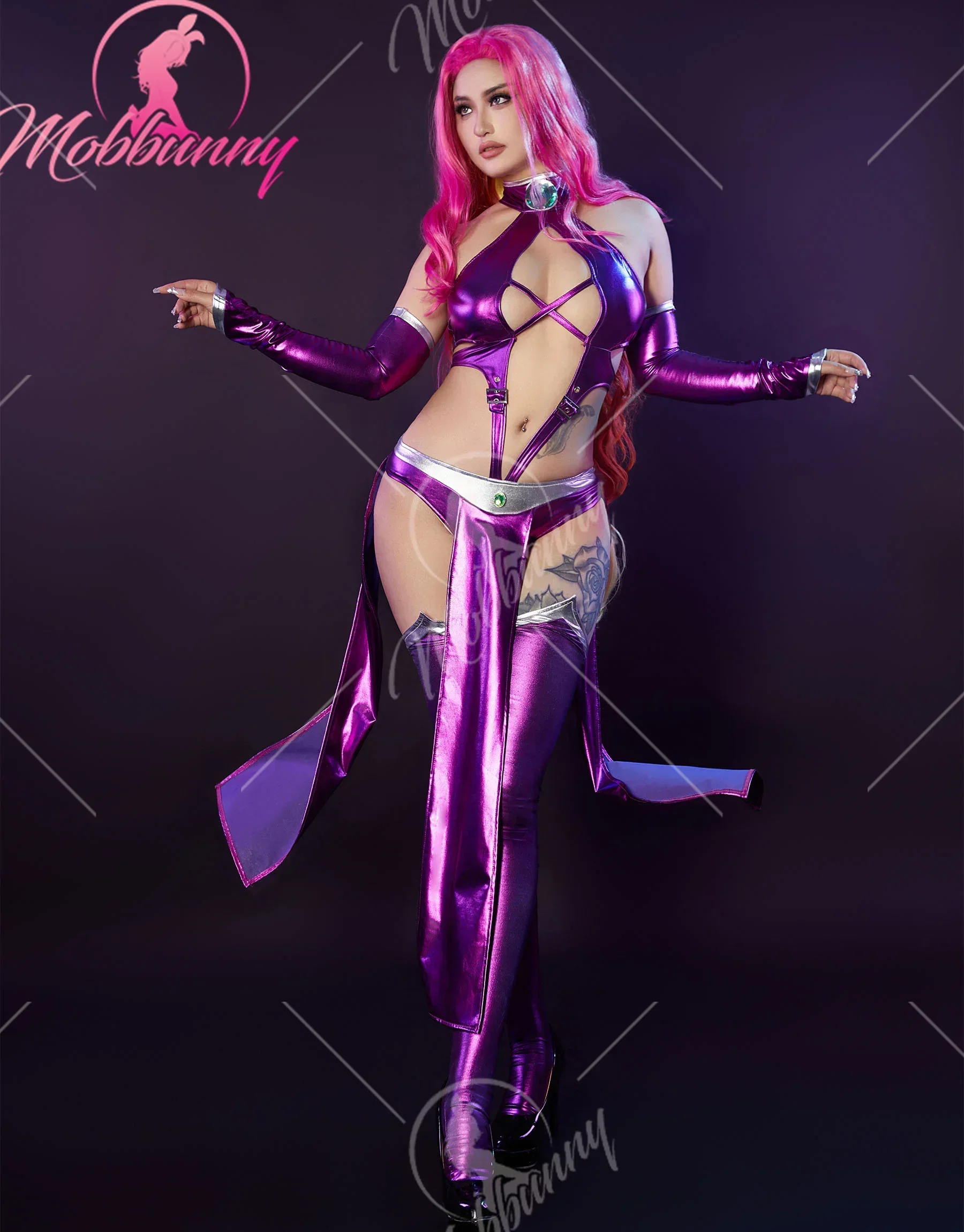 Mobbunny Women Sexy Lingerie Outfit Purple Halter Cutout Bodysuit with Sleeves Stockings Cosplay Costume for Halloween Parties