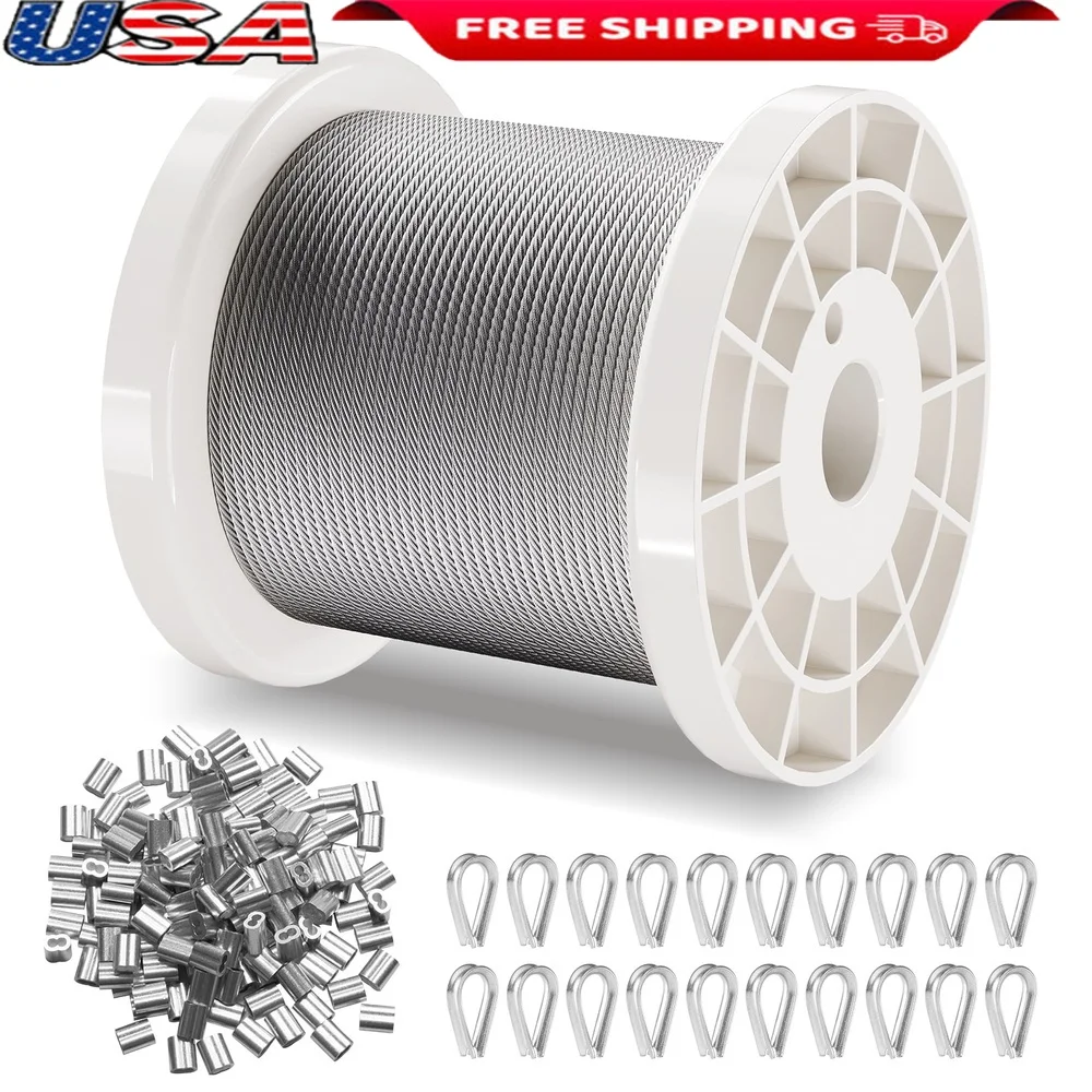 

Durable 330ft Stainless Steel Wire Rope 1/16 inch 304 Cable with 80 Sleeves 20 Thimbles Heavy Load Applications
