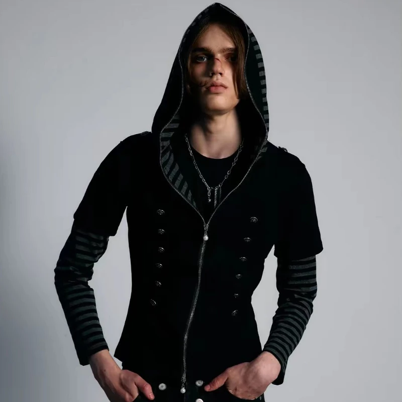 Unisex Black Striped Sleeve Hoodie Zip Up Faux Two Piece Napoleon Button Slim Fit Streetwear Alt Grunge Punk Edgy Y2K Aesthetic - view 2