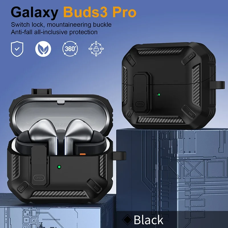 Fibra de carbono nova capa para samsung buds 3 pro caso bloqueio seguro fundas para samsung galaxy buds 3 buzz 3 pro casos manga gancho