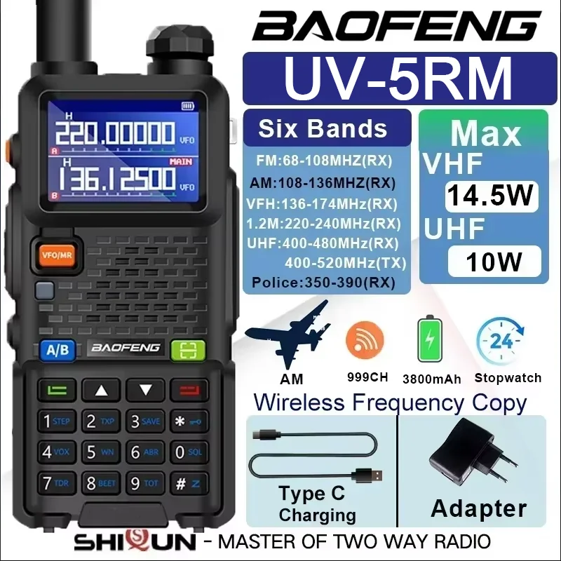 Baofeng UV-5RM Walkie Talkie VHF UHF Frequency Copy Air Band 10W USB C Battery Charge 3800mAh Six Band 999Ch UV5RH Pro Max Radio