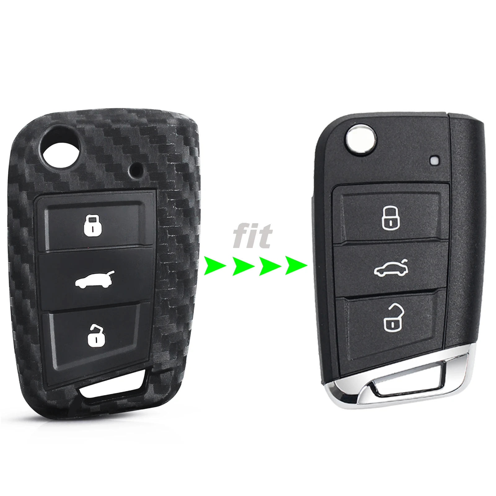 Carbon Fiber Silicone Remote Car Key Cover Rubber Protection Shell For VW Polo Golf 7 Tiguan Skoda Octavia Fabia Seat Leon Ibiza