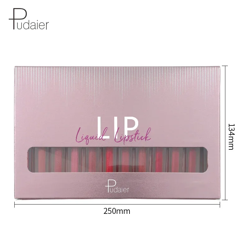 Pudaier-Juego de lápices labiales con brillo de labios, 12 colores, mate, perla, líquido desnudo, maquillaje antiadherente, taza, brillo de labios, cosméticos