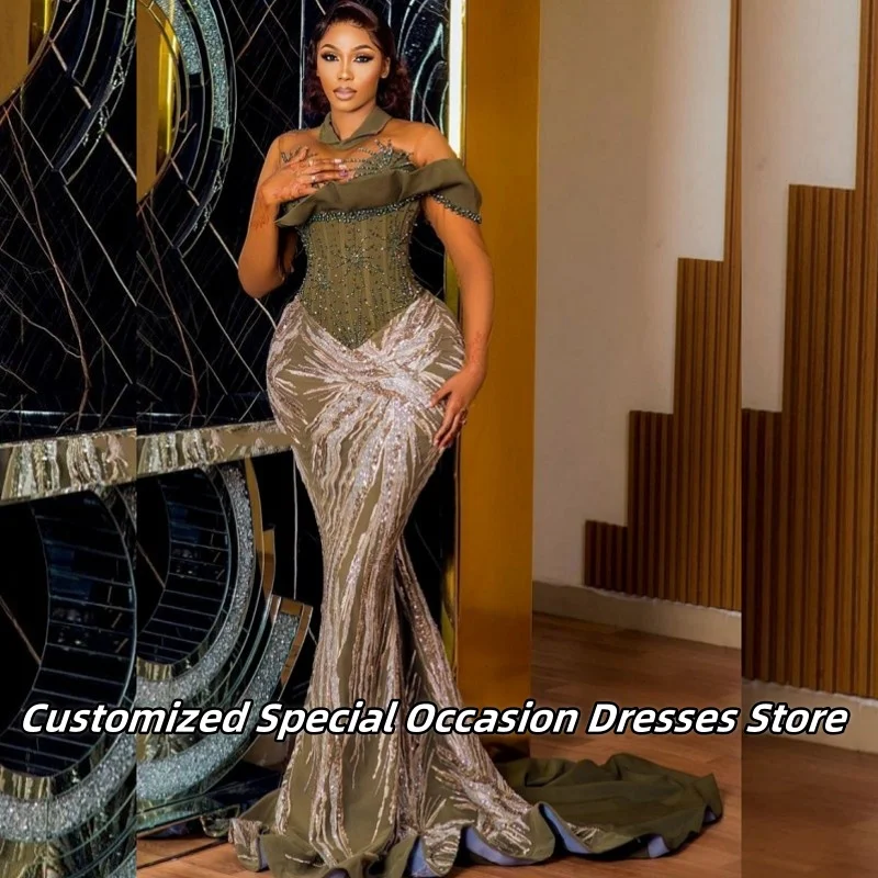 Dark Green High Neck Evening Dresses Transparent Sleeves Luxury Sequin Applique Beaded Prom Gowns Wedding Party Dress Customized