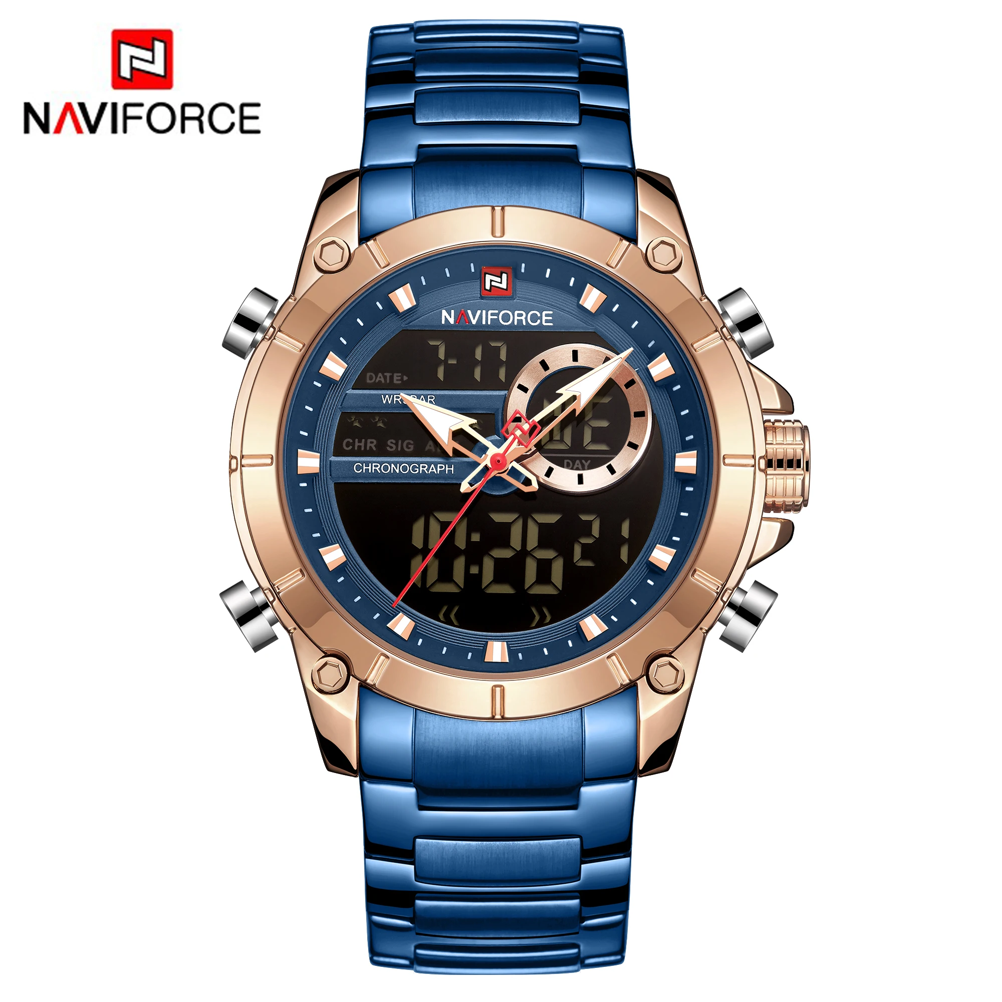 NAVIFORCE 9163 Orologio da polso sportivo originale di lusso per uomo Acciaio al quarzo Impermeabile Doppio display Orologi militari Relogio Masculino