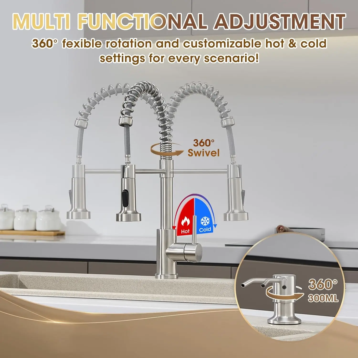 Kitchen Faucet with Pull Down Sprayer Brushed Nickel Stainless Steel Single Handle 1 or 3 Hole Dual Function Spring Utility Sink