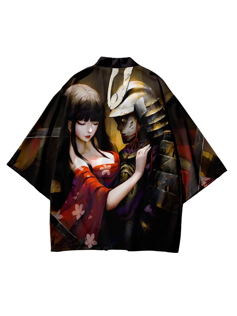 2024, черный юката с принтом персонажей аниме, женский Harajuku, традиционный японский костюм, японский кардиган, кимоно, мужской косплей Хаори