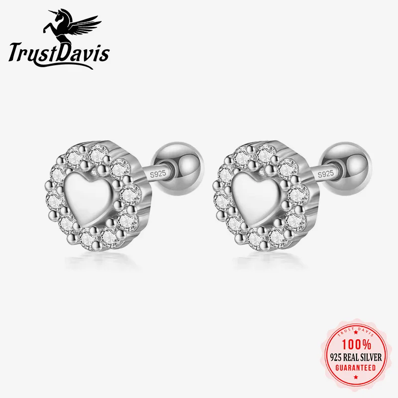 

TrustDavis Real 925 Sterling Silver Fashion Sweet Romantic Heart CZ Screw Stud Earrings For Daughter Girls Fine Jewelry DG0022