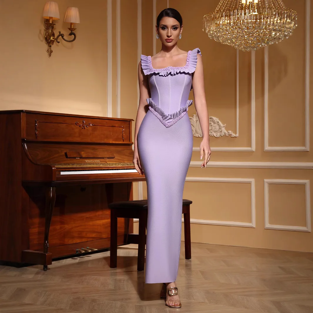 

Women Luxury Designer Lavender Bandage Dress Tank Square Collar Ruffles Long Elegant Birthday Celebrity Evening Party Gowns