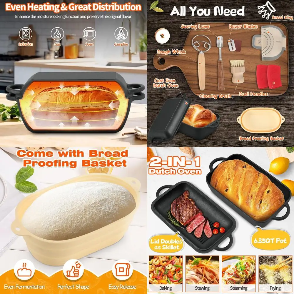 

Oval Cast Iron Dutch Oven, 6.35 Qt, Bread Baking Pan with Lid and Accessories, Multipurpose Sourdough Kit for Baking and Cooking