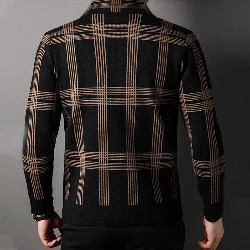 Men Knitted Spring Autumn Thin Lapel Coat Koreon Big Size Elastic Cardigans Casual Argyle Cootrast Color Ingle-breasted Jacket