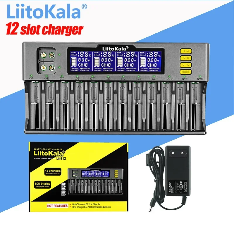 LiitoKala Lii-S12 12-Slot LCD Battery Charger for Li-ion LiFePO4 Ni-MH Ni-Cd 9V 21700 20700 26650 18650 16340 18350 RCR123 18700