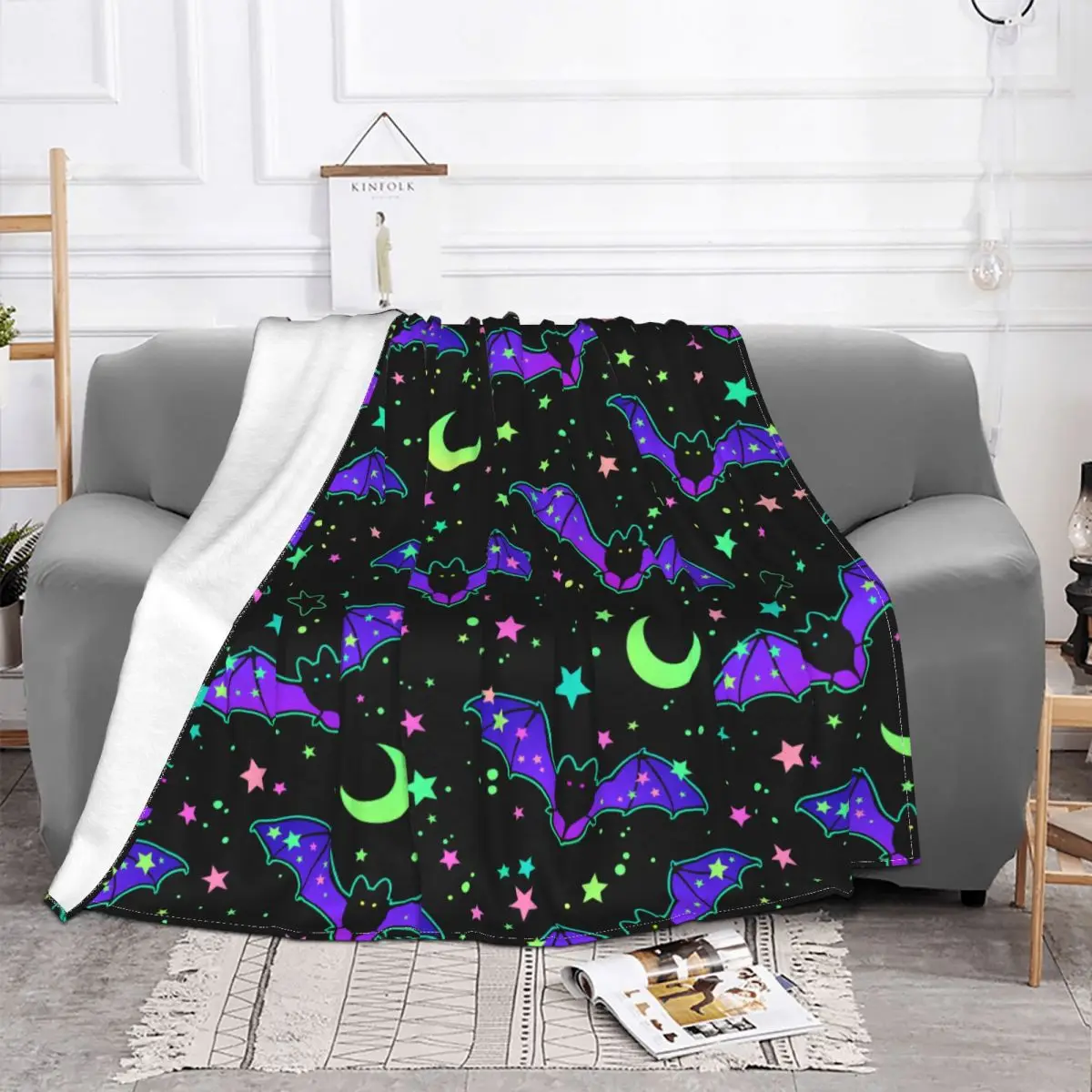 Bat Halloween Blankets Flannel All Season Bright Stars Portable Soft Throw Blankets for Bedding Bedroom Plush Thin Quilt