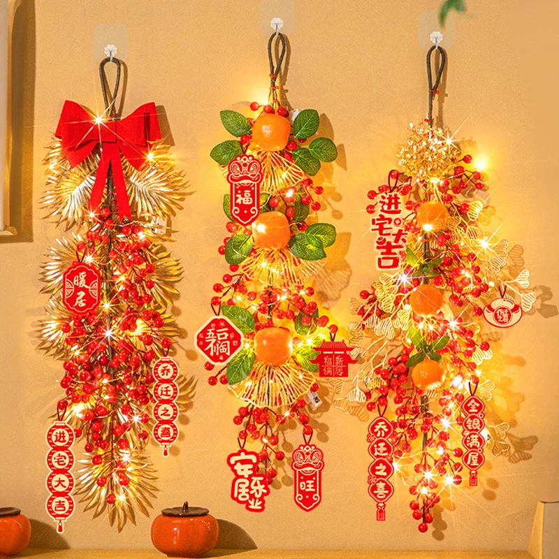 Chinese New Year 2024 Decoration Wall Hanging Pendant LED Lamp Spring Festival New Years Wreath with Blessing Berry Housewarming