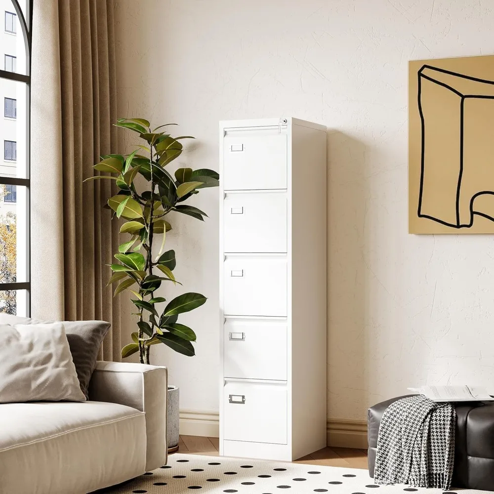 Vertical 5-Drawer Lockable Metal Filing Cabinet - White 17.8 Deep Storage for Home Office Hanging Files