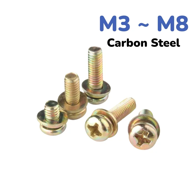 

Цвет углеродистой стали, цинковый крестообразный винт с круглой головкой, три комбинированных винта M3 M4 M5 M6 M8, болт с пружинной шайбой