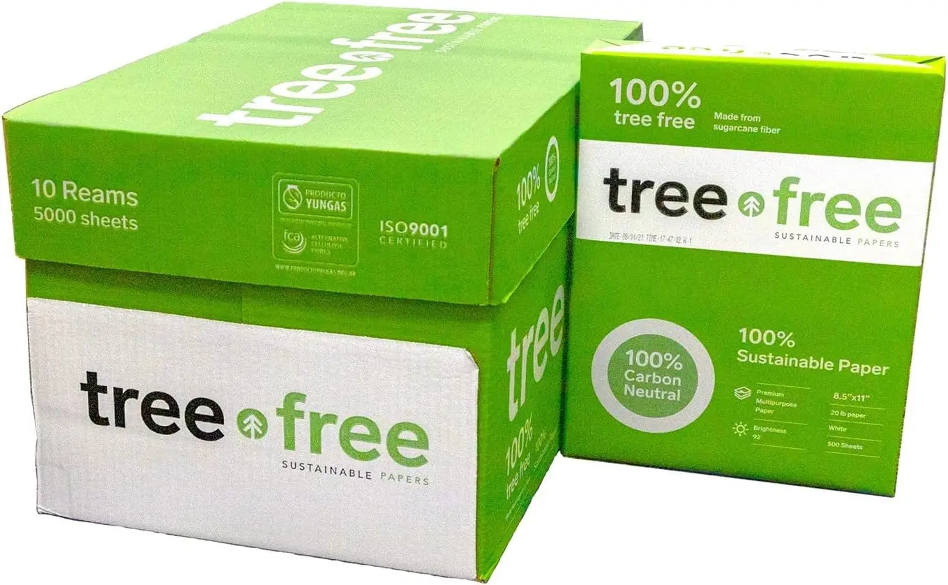 

Tree Free Copy Paper 8.5x11 92 Bright 20lb, 10 Reams 5000 Sheets, Made from Sugarcane Waste Fiber, Carbon Neutral, Eco Friendly