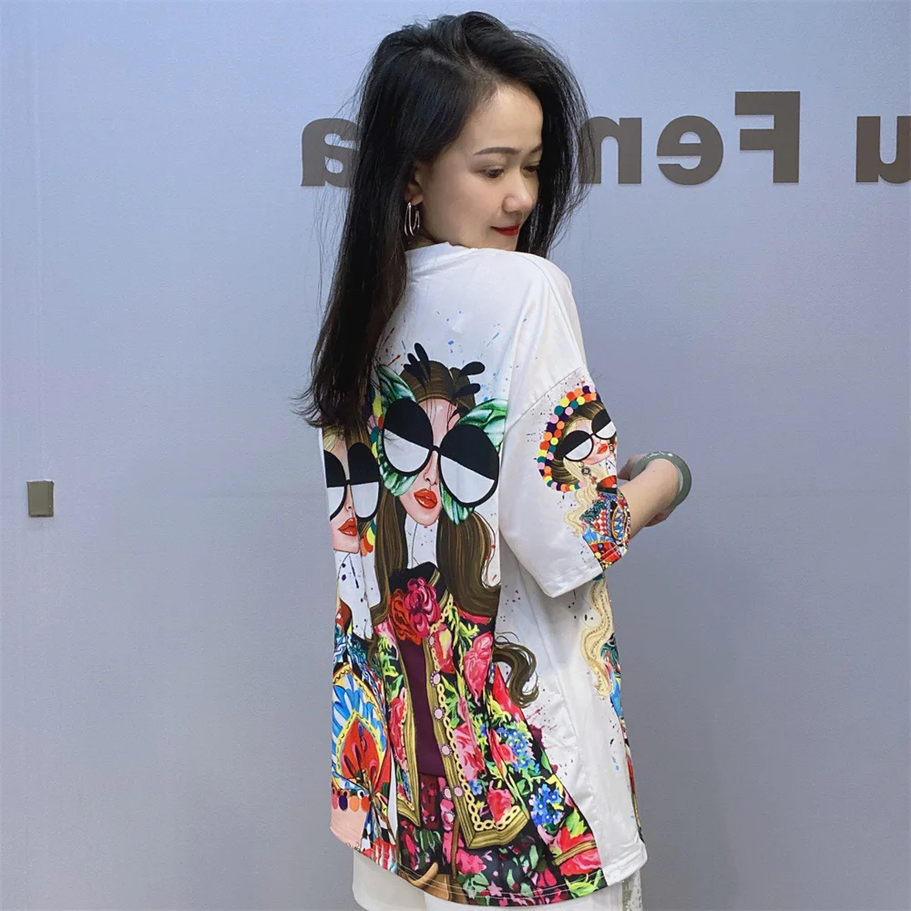 Fashion Casual Bead Half Sleeve Pink Top Women 2024 Summer Sweet Colorful Cartoon Printed Round Neck Short Sleeve T-shirts