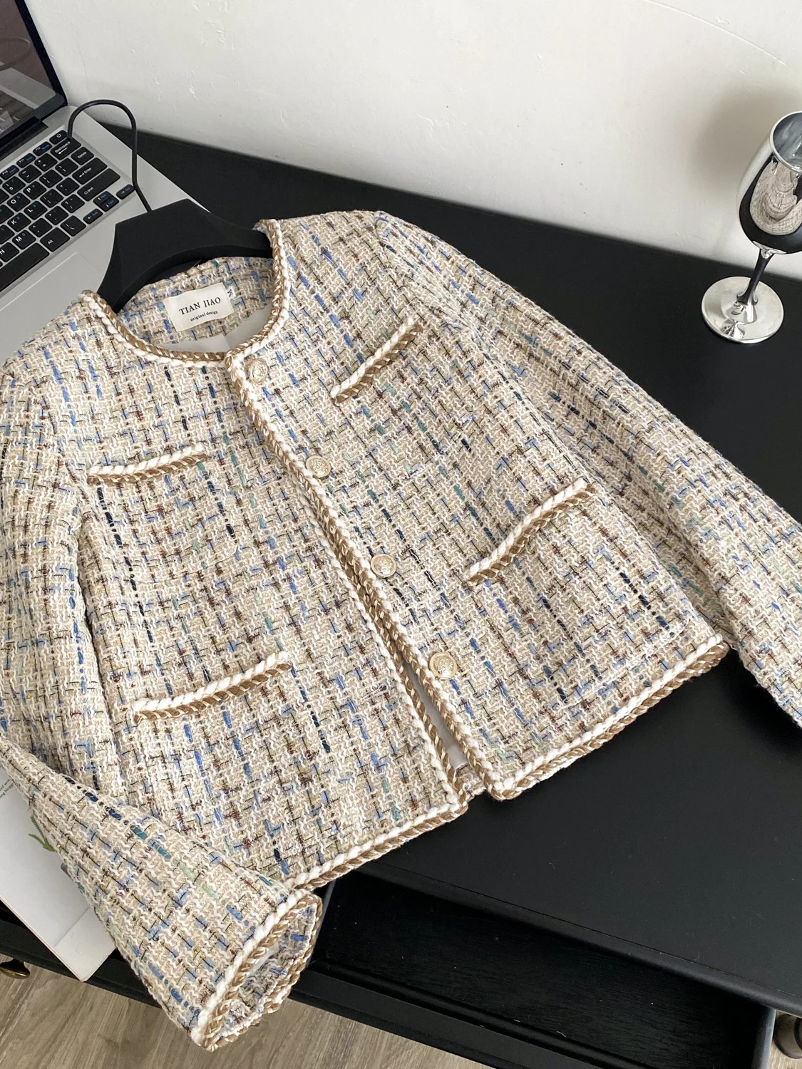 

Faionable Contrast Color Thi Tweed Jaet Women's Casual Sle Autumn Season Versatile Open Cardigan Top High Waist Fit