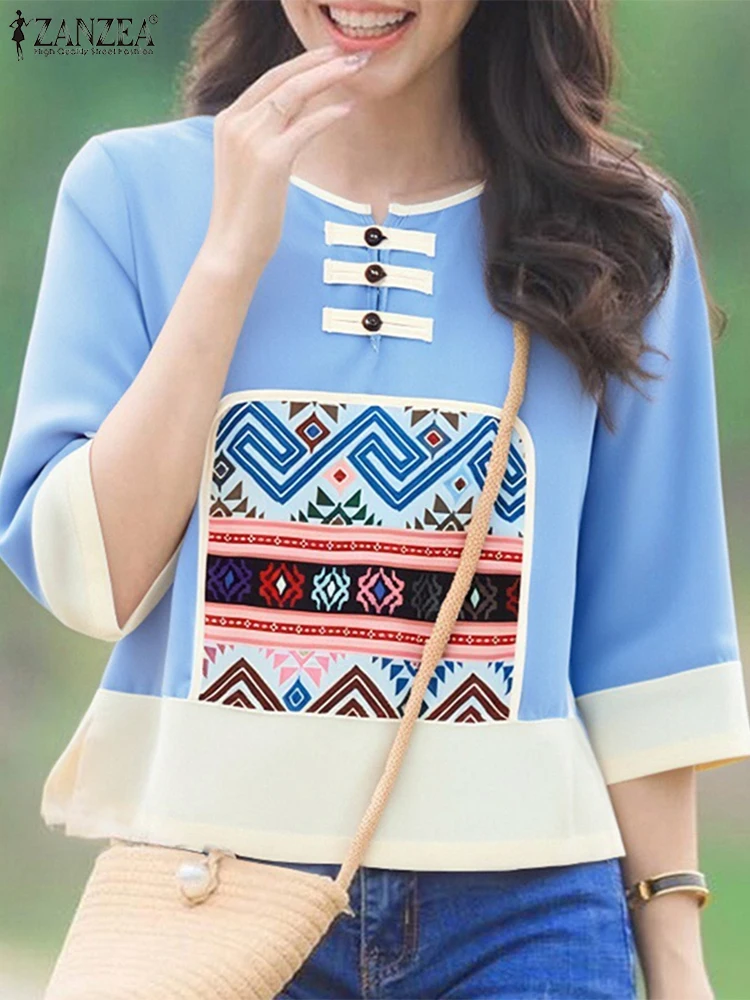 ZANZEA Women Summer Fashion 2025 Vintage Printed Blouse Shirts Half Sleeve Casual Loose Tops Tunic Buttons Loose Oversize Blusas