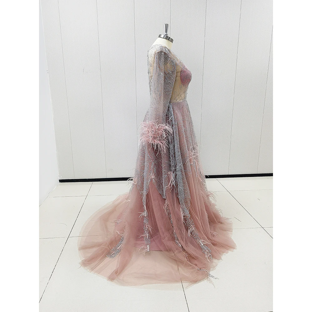 Pink Feathers Tassel Evening Dresses for Women Chic V-Neck Beads Sequined Mermaid Gowns Elegant Sweep Train Prom Party Dresses