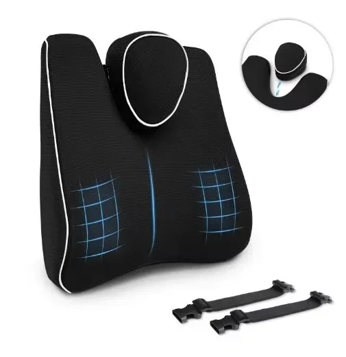 Memory Foam Lumbar Pillow for Lower Back Pain - Adjustable Support, Breathable Mesh, Universal Straps for Office Chair & Car.
