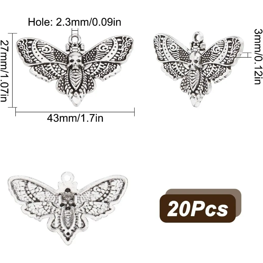 1 Box 20Pcs Moth Charms Moth Charm Bulk Skeleton Bone Charm Tibet Style Alloy Insects Charms Halloween Charms for Jewelry Making