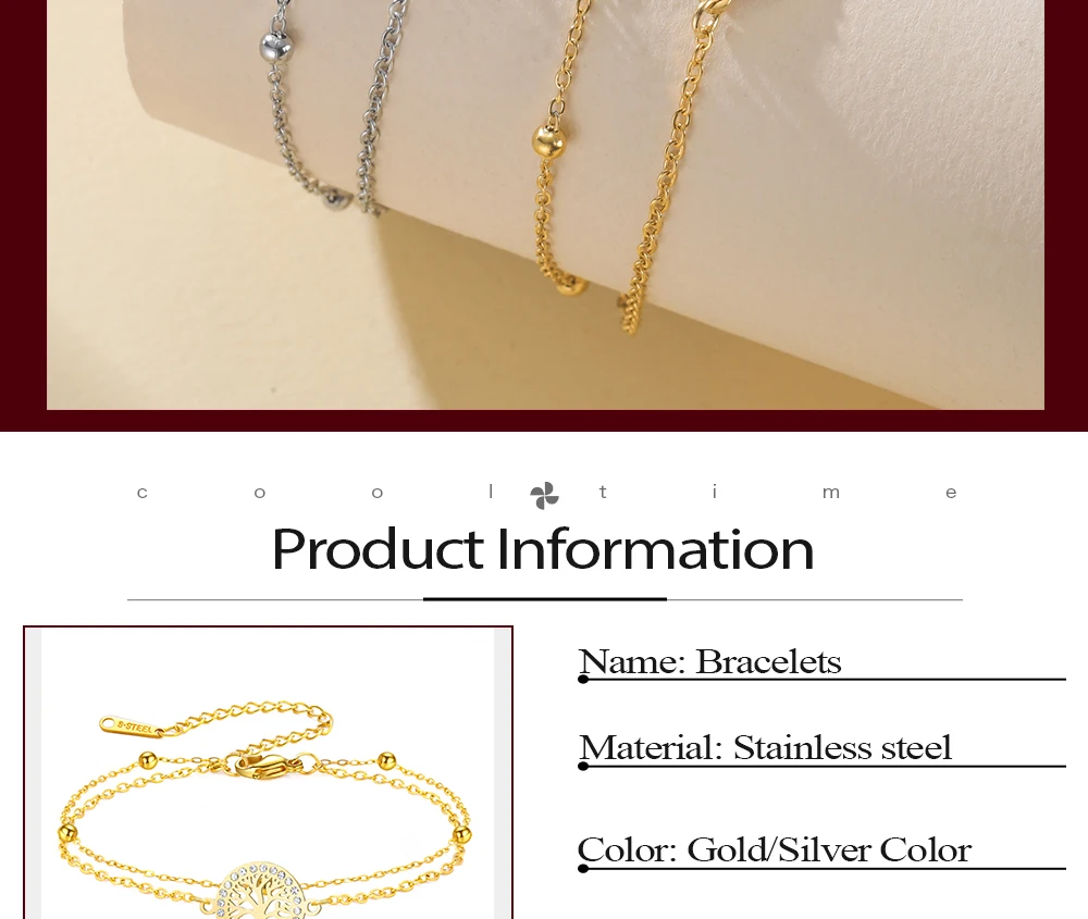 CoolTime Baum des Lebens Ring Zirkon Damenarmbänder Edelstahl Doppelketten Schmuck Goldfarben Mode Amulett Geschenk – Detail 2