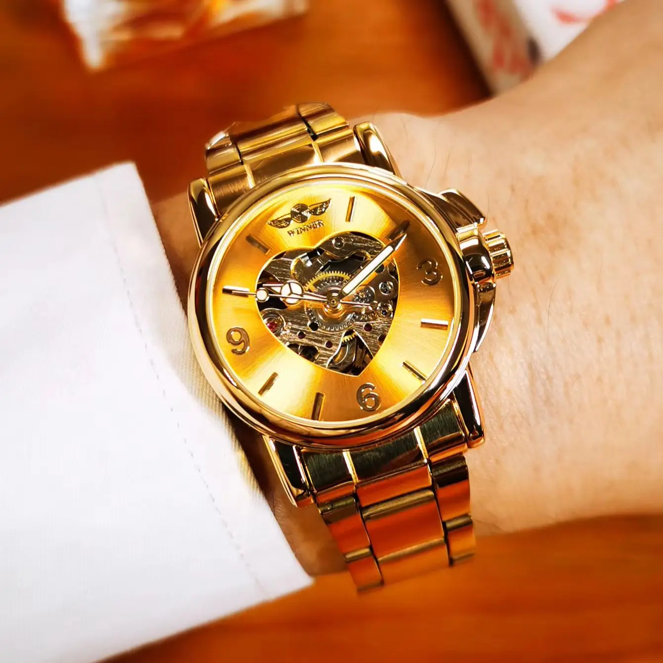 WINNER Luxury Gold Ladies Watches Top Brand Luxury Skeleton Automatic Mechanical Watch for Women Stainless Steel Strap Classic Business Wristwatches