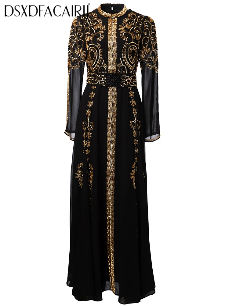 DSFACAIRIJ Vestido largo negro con cuentas para mujer, cuello levantado, manga larga, con cordones, vestido de fiesta Vintage para otoño, moda femenina