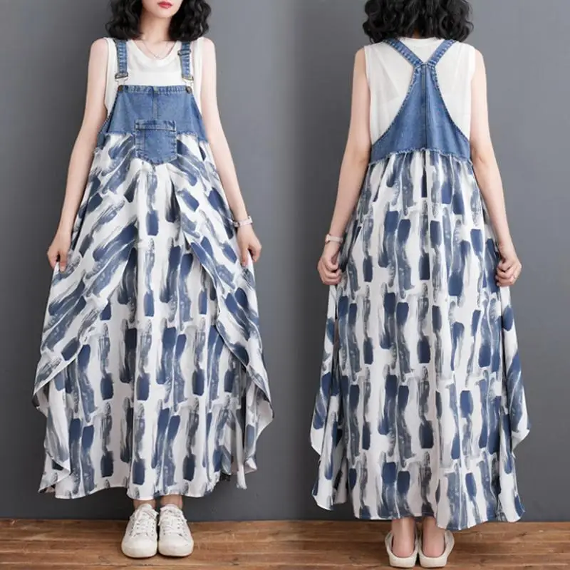 

Women's Denim Overall Dress 2026 Summer Blue Sleeveless Print Chiffon Patchwork Suspender Midi Party Dress