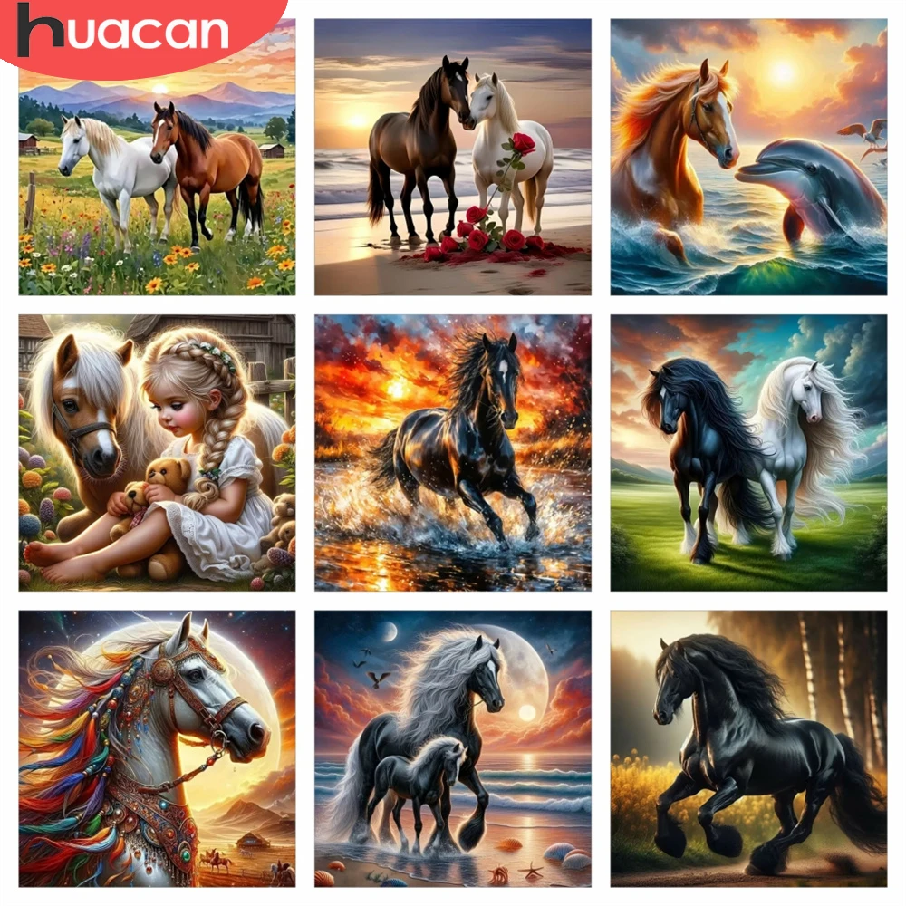 HUACAN 5d Diamond Mosaic Horse Animal Cross Stitch Embroidery Sale Sunset Home Decor Rhinestones Full Square Round Drill